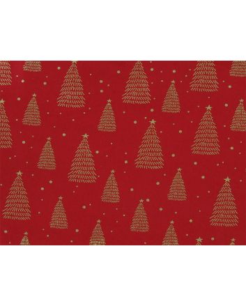 Christmas Tree Star Gold Foil Cotton Print, Red