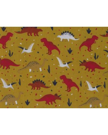 Dino Wonderland Polycotton Print, Mustard