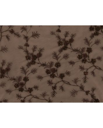 Camelia Crest Embroidered Scalloped Edged Sequin Tulle, Chocolate