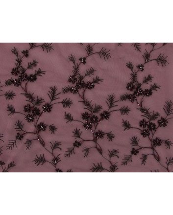 Camelia Crest Embroidered Scalloped Edged Sequin Tulle, Crimson