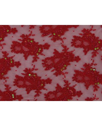 Rose Damask Embroidered Scalloped Edged Sequin Tulle, Red