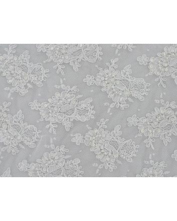 Rose Damask Embroidered Scalloped Edged Sequin Tulle, White