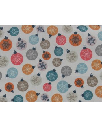 Festive Christmas Baubles Polycotton Print, White