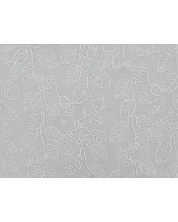 Floral Leaves Embroidered Cotton Voile, White