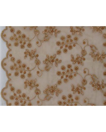 Floral Vines Embroidered Scalloped Edged Sequin Tulle, Amber