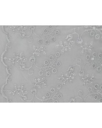 Floral Vines Embroidered Scalloped Edged Sequin Tulle, White