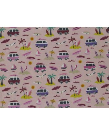 Holiday Campers Cotton Jersey Print, Pink