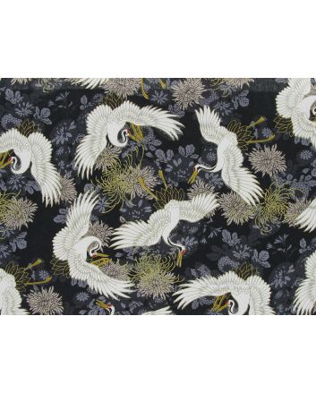 Isumi Japanese Foil Cotton Print, Floral Crane, Black