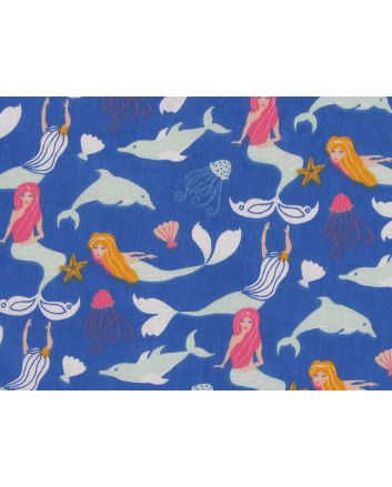Mermaids and Dolphins Polycotton Print, Royal