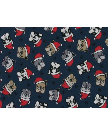 Merry Bulldogs Christmas Cotton Jersey Print, Navy