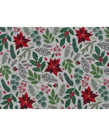 Poinsettia and Holly Christmas Cotton Poplin, Ivory