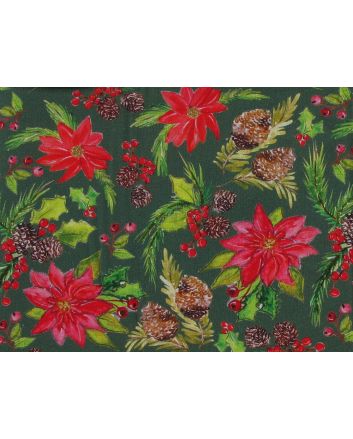 Poinsettias and Pinecones Cotton Print, Green