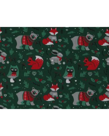 Woodland Animals Christmas Polycotton Print, Green